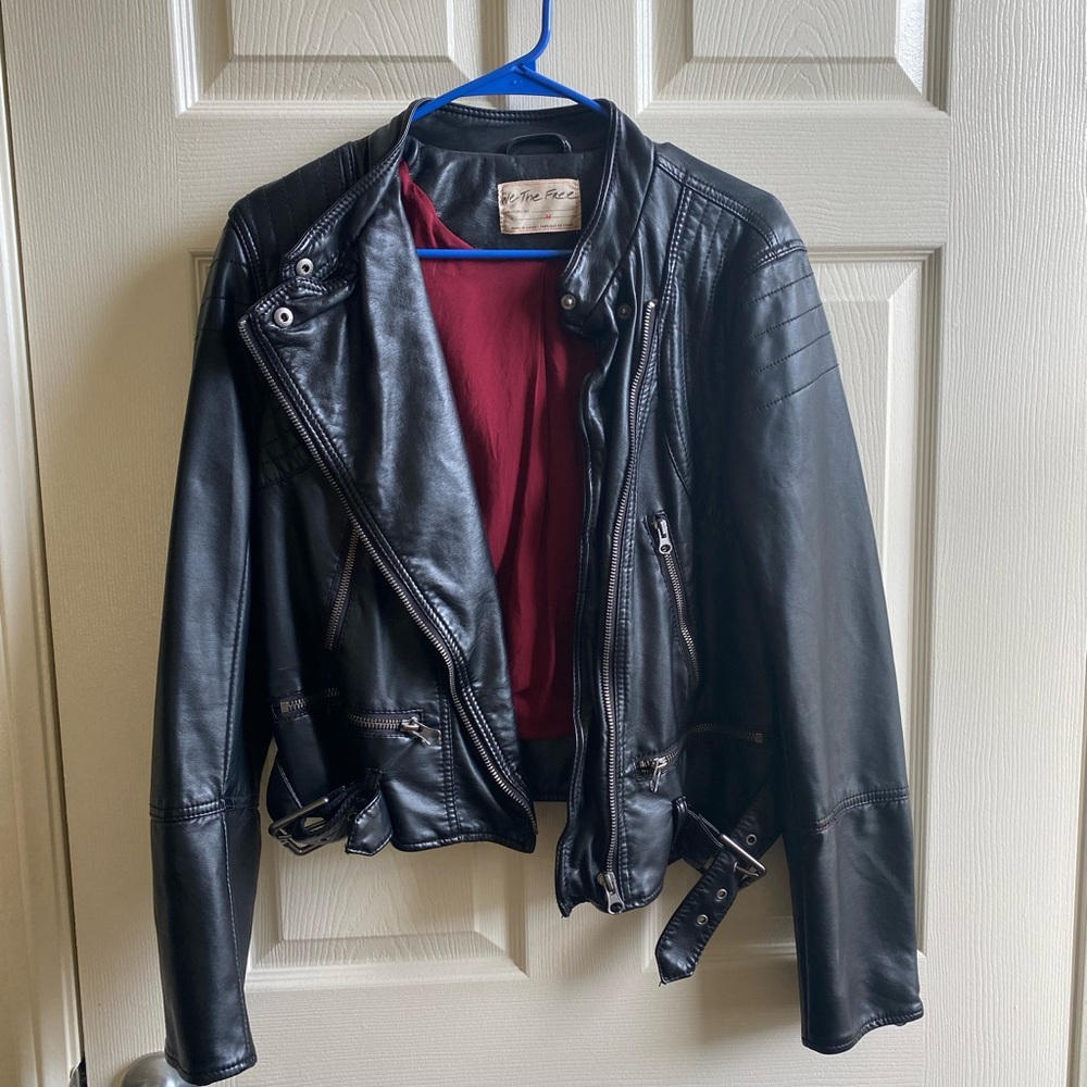 Free People Black Leather Jacket with Red Lining